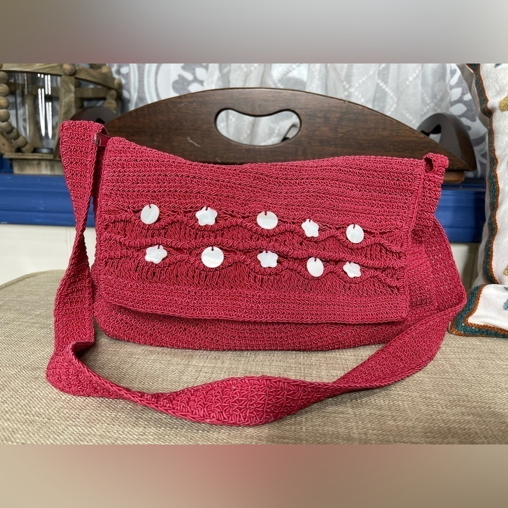 Macrame Handbag Red Crochet Lined White Charms Purse Shoulder Bag